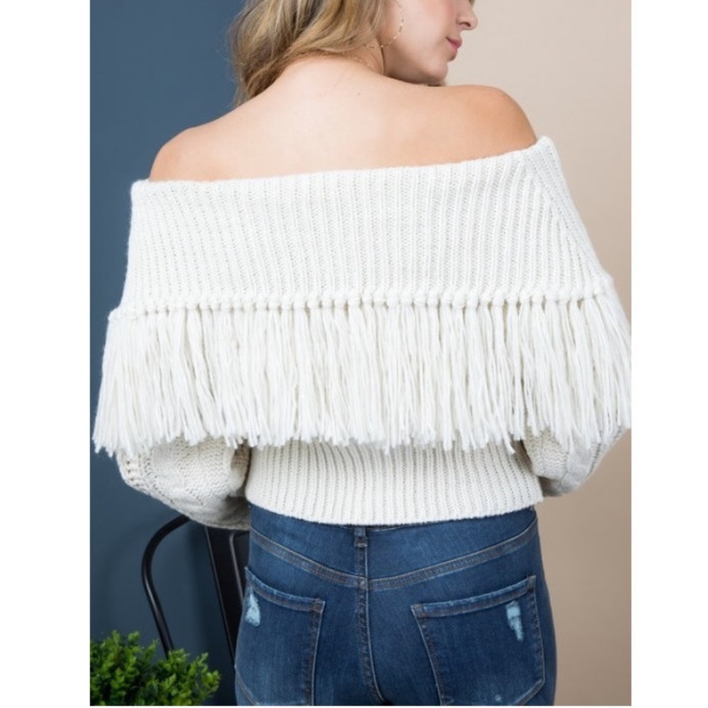 Off White Off Shoulder Fringe Boho Sweater - Picture 4 of 5